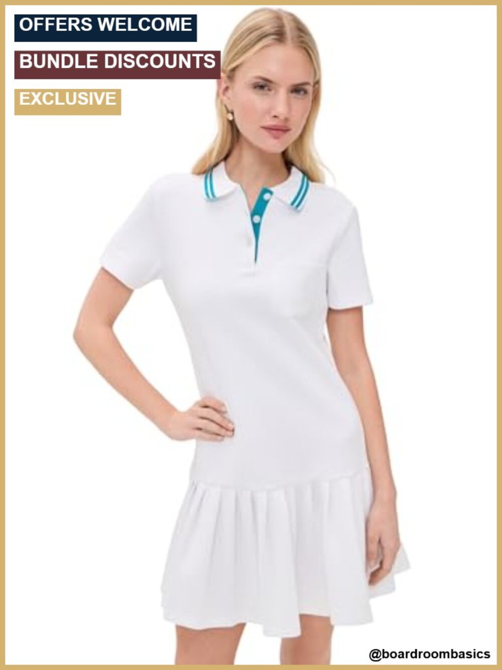 Pique Knit Mini Dress with Polo Neck and Pleated Drop Waist